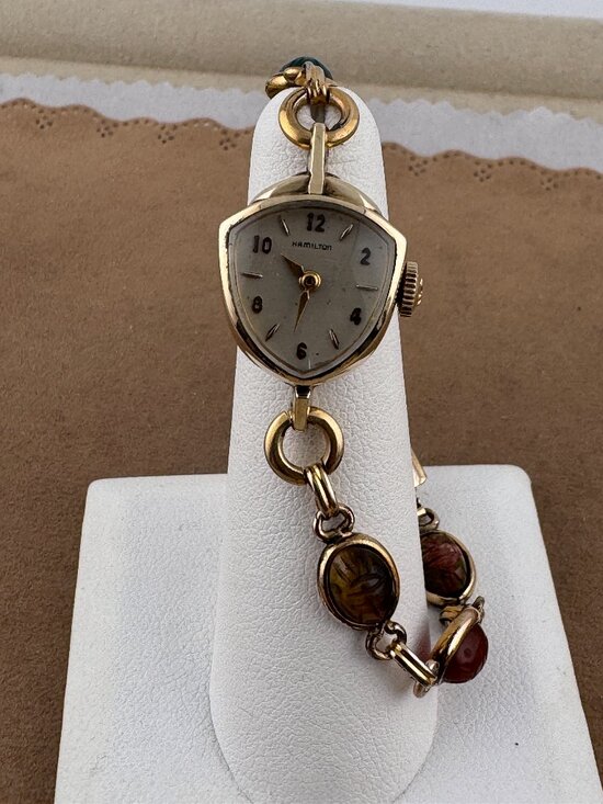 Vintage 1950s Hamilton Watch 10K GF with Carved Gem Scarabs Triangular Dial main image 5